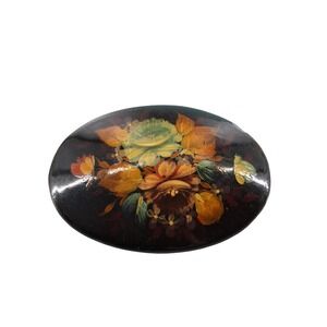 Vintage Russian Lacquer Brooch Hand Painted Floral Oval Gold Frame Pin
